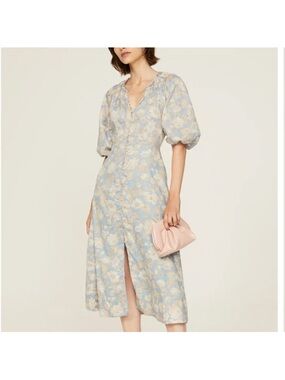 REBECCA TAYLOR Blue Floral MIDI Dress Cottage Cotton Prairie Button $500